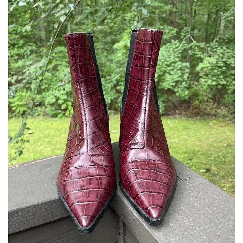 Mob Wife Burgundy Croc Leather Chelsea Boots M&S Insolia Block Heel Size 6